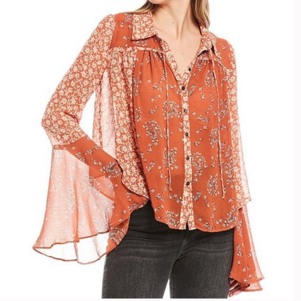FREE PEOPLE Serena Printed Blouse in Rust Combo sz S